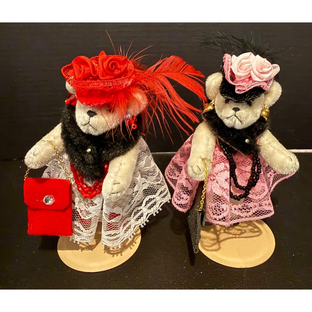 Norma Thomas 5" Miniature Teddy Bear Figurines Red Pink Victorian Lace Vintage